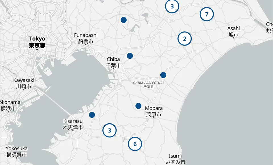 千葉県のゴルフ場を地図に並べた画面