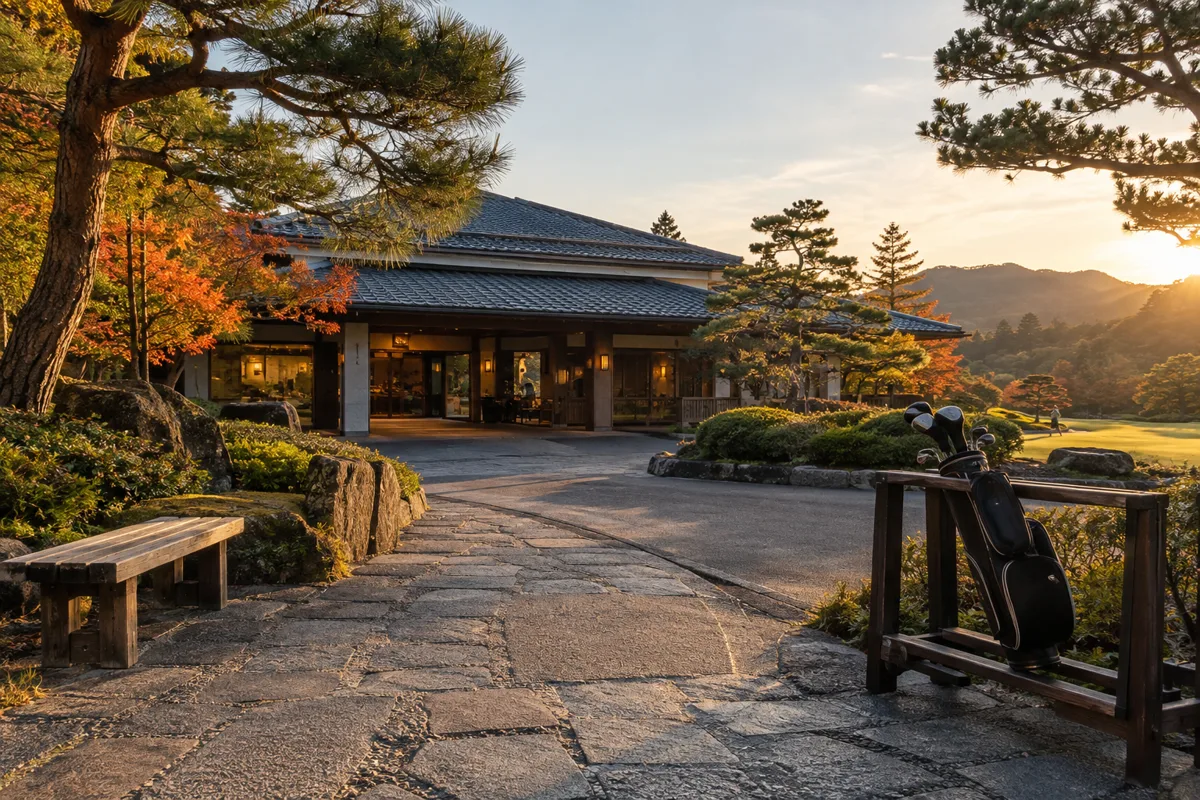 夕方のゴルフ場のクラブハウスの入り口