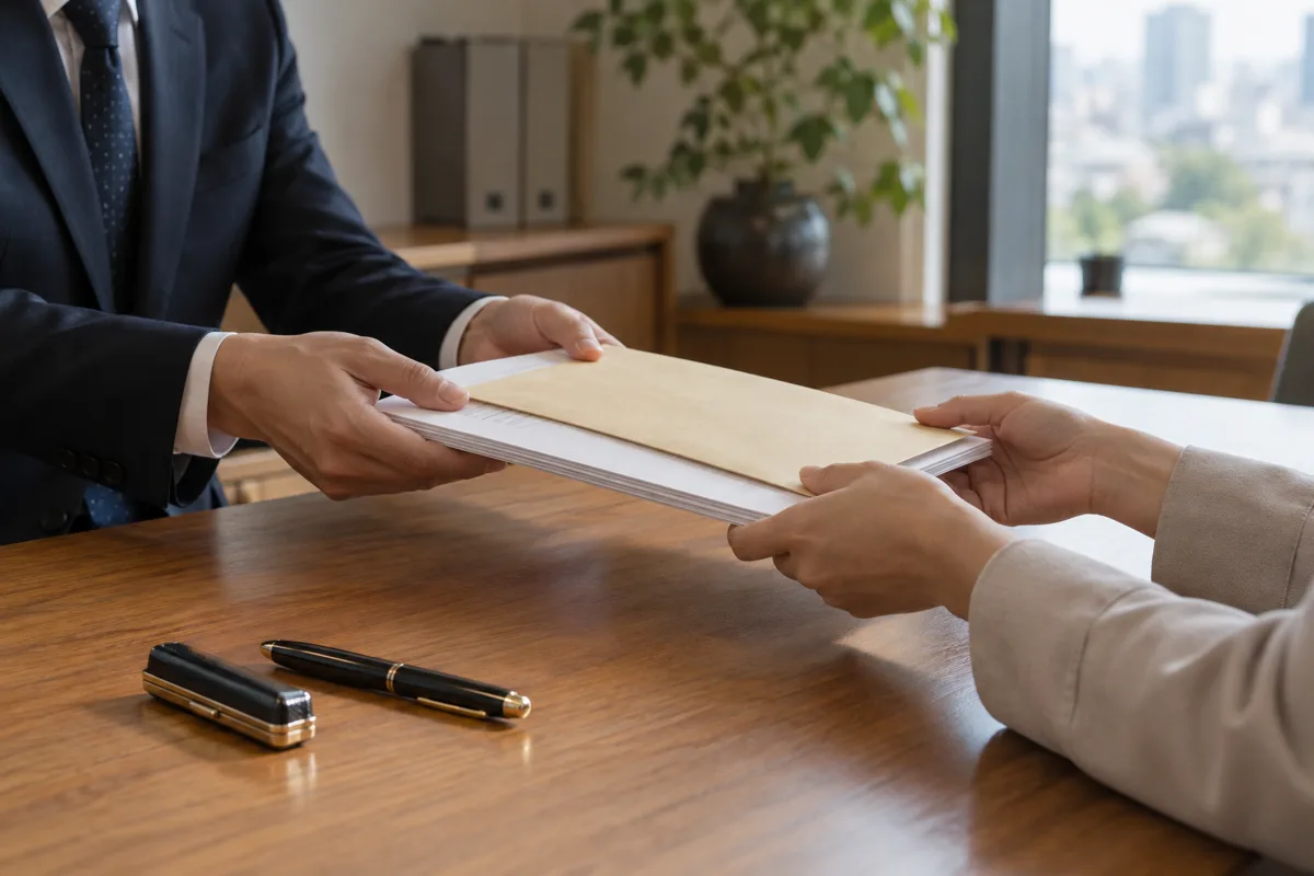 机越しに封筒と書類を手渡す手元